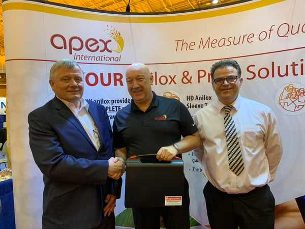 From L to R: Ole Agergaard (CEO of Agergaard Graphic Supplies), Dave McBeth (Vice President of Sales, Apex North America), Nick Harvey (Technical Director, Apex International)